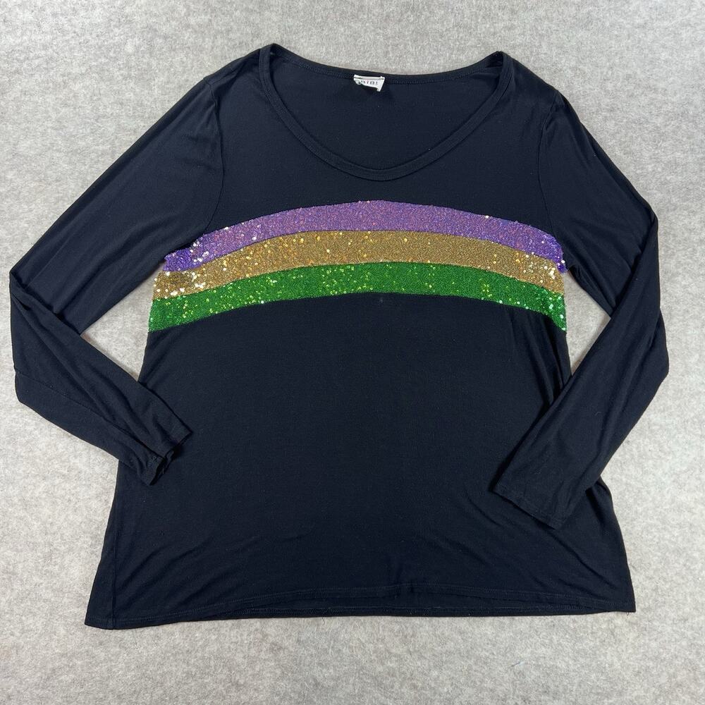 Bibi Mardi Gras Sequin Chest Stripe Long Sleeve Top Black Size Large
